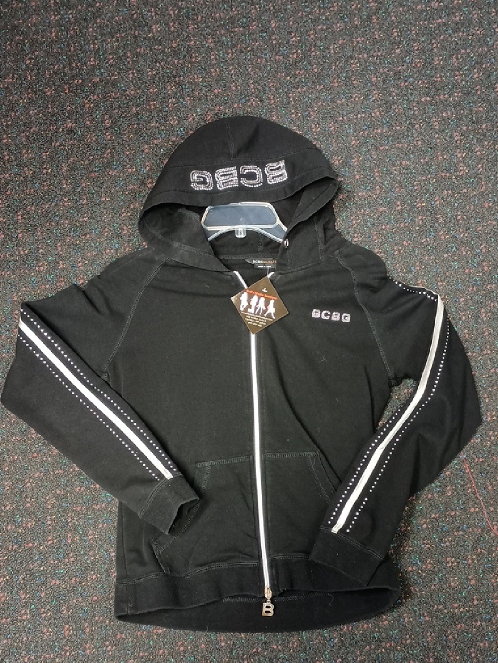BCBG Black Hoodie with Silver Studded Sleeve Stripes